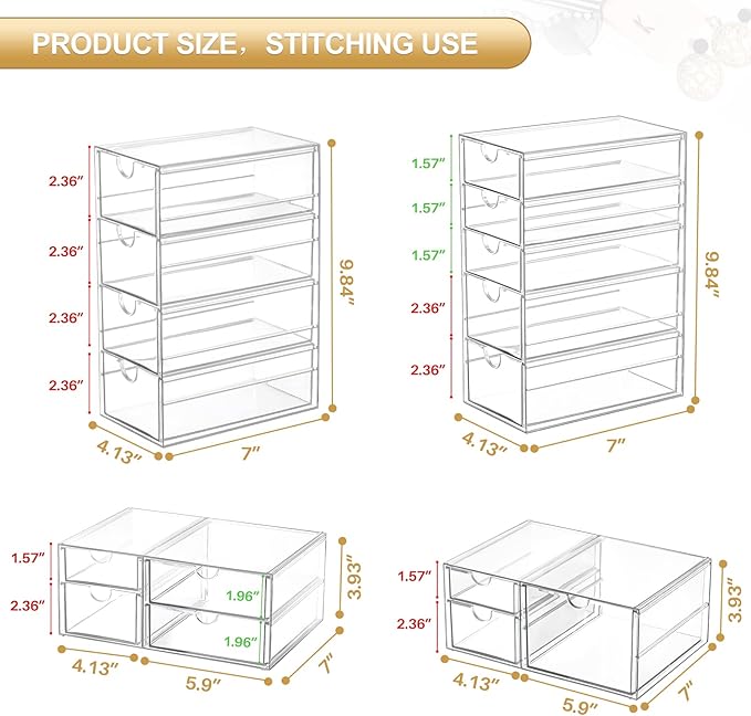 Makeup Organizer Storage with 16 Drawers, 4 Pcs Desktop Office Supplies, Desk Organizers, Clear Accessories, Dustproof Storage Drawer and for Make Up, Jewelry, Pen, Stationary