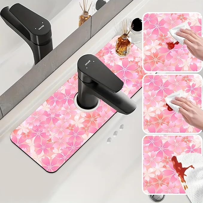 Sink Faucet Absorbing Mat Cherry Spring Flower Sink Splash Guard Drying Mat for Kitchen Bathroom Faucet Sinkmat 15.5"X5.5"