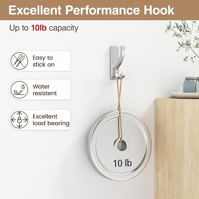 pickpiff Adhesive Wall Hooks for Towels - Sticky Hook Hanging Heavy Duty (13lb), Hanger for Door, Bathroom, Dorm, Closet - for Coats, Purse, Bag, Robe - No Damage to Wall - Silver 4 Pack