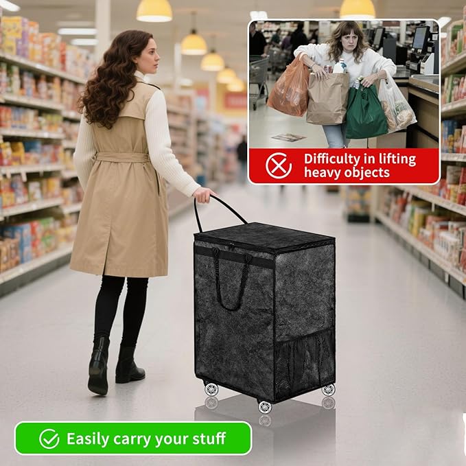 Boczif Large Laundry Basket Hamper Bag, Reusable Grocery Bag Collapsible Cart with Wheels and Handle, Rolling Tote Shopping Bags Storage Organizer for Clothes & Groceries, Trip, Sports, Picnic (Black)