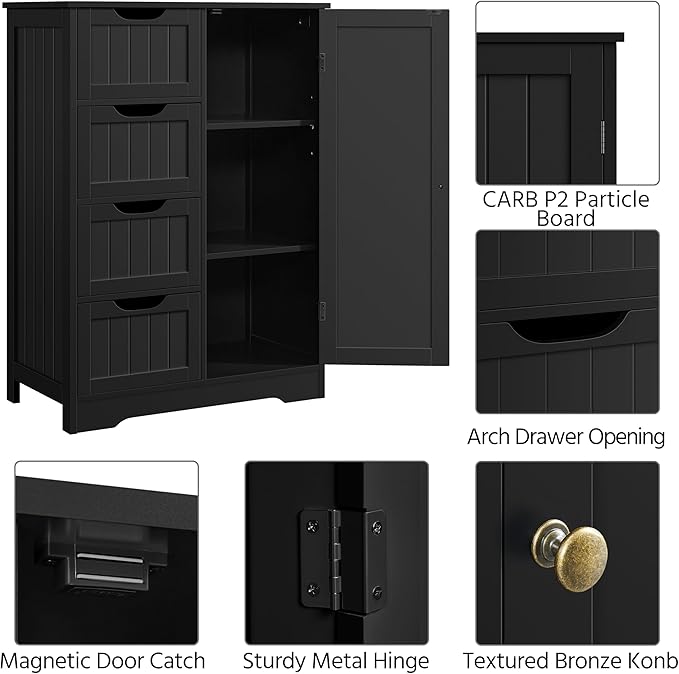Yaheetech Wooden Storage Cabinet, Bathroom Storage Organizer with 4 Drawers & 1 Cupboard, Freestanding Cabinet Table for Bathroom, Entrance Area, Kitchen, Black