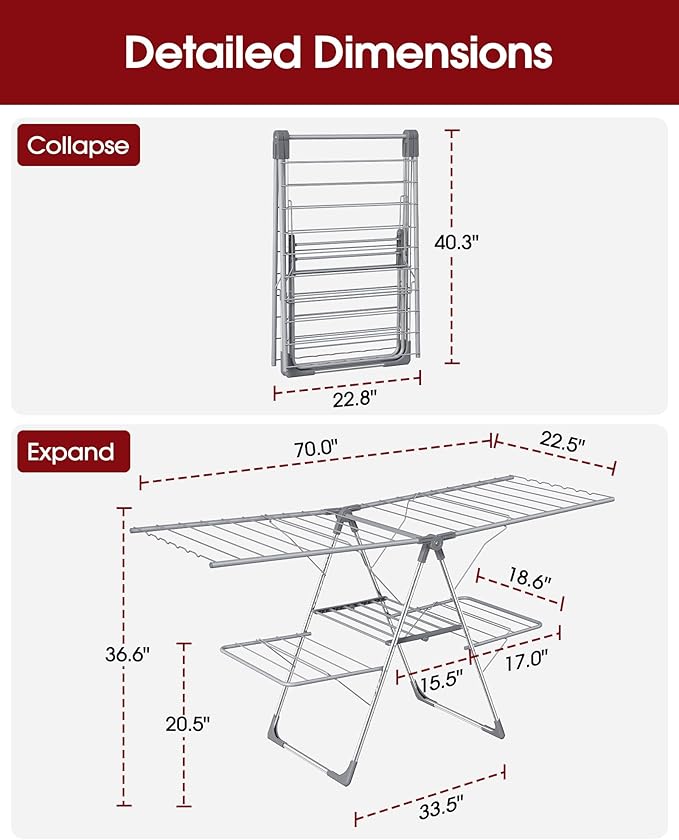 Sakugi Clothes Drying Rack, Foldable 2-Level Laundry Drying Rack with Height-Adjustable Wings, for Clothing & Bedding, Free-Standing Space-Saving Rack, Indoor & Outdoor, 70" L × 22.8" W, Gray