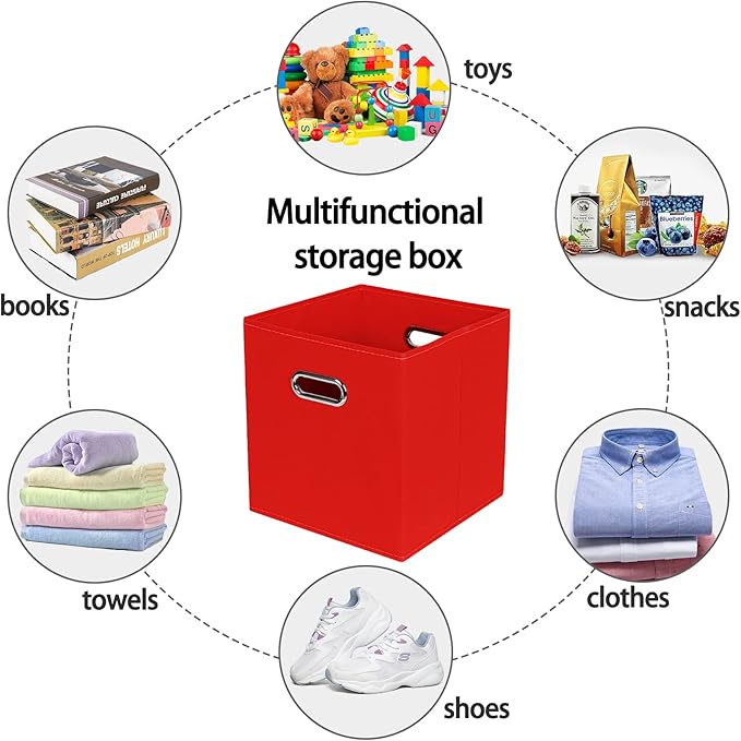 STOREONE Fabric Storage Bins Cubes Baskets Containers-(11X11X11) with Dual Handles for Shelf Closet, Nursery Home ， Bedroom Organizers, Foldable Set of 8 (Red)