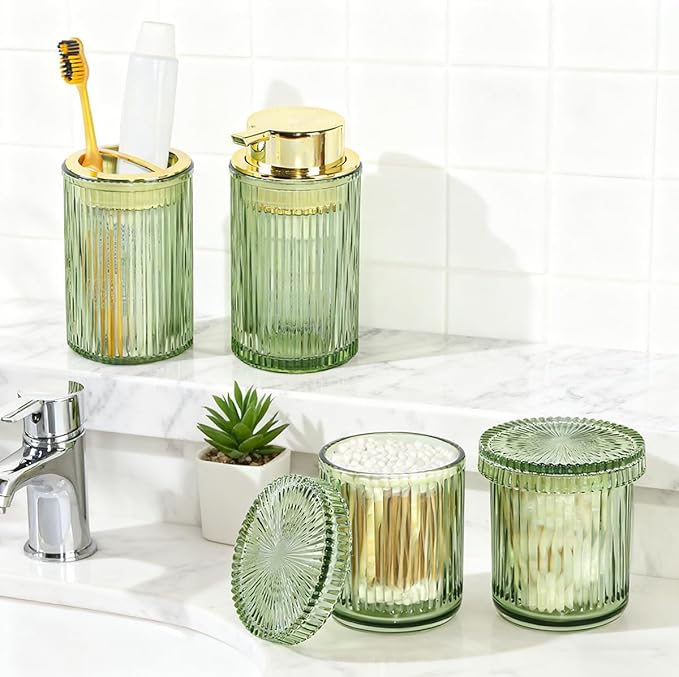 Green Glass Bathroom Accessories, 4 Pcs Bathroom Sets Complete, Foaming Soap Dispenser,Toothbrush Holder and Qtip Holder Set,Modern Ribbed Vanity Countertop Organizer for Decor
