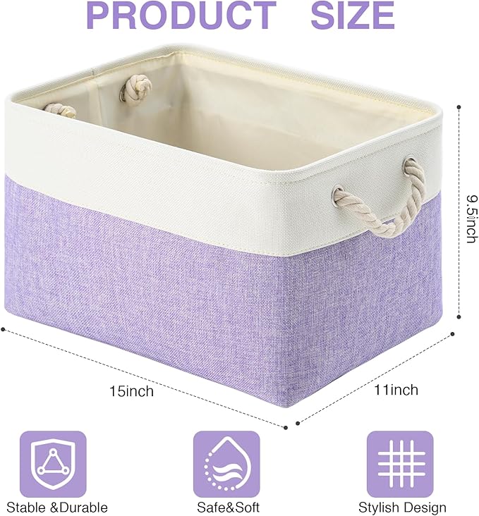 DUHEL Storage Bins 3 Pack, Fabric Storage Basket for Collapsible Medium Canvas Storage Baskets for Organizing Shelf Nursery Home Closet . (White&Purple-3PCS)