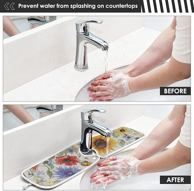 Sink Faucet Absorbing Mat Kitchen Sink Splash Guard Splash Faucet Drip Catcher for Bar RV Bathroom 2PCS 30x5.5in Watercolor Cornflower Sunflower