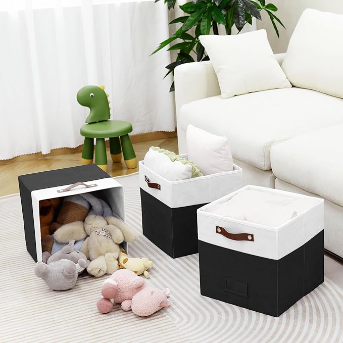 6-Pack Storage Cubes with Handles & Label Holders Basket, Closet Cube Home Organizer Bins(White/Black, 13 x 13 x 13 inch)
