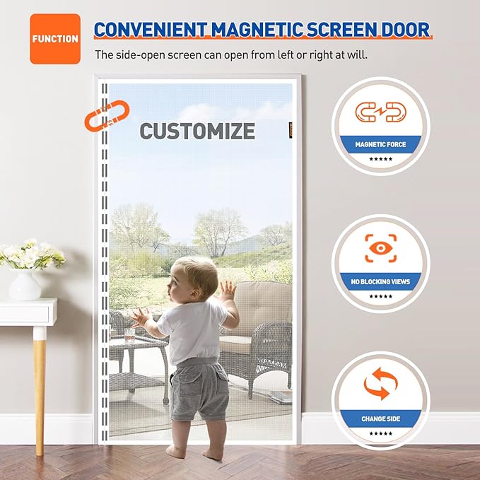 MAGZO Customized Magnetic Screen Door, Sturdy Magnets Double Mesh Door Screen Curtain with Full Frame Hook & Loop for Front Entrance
