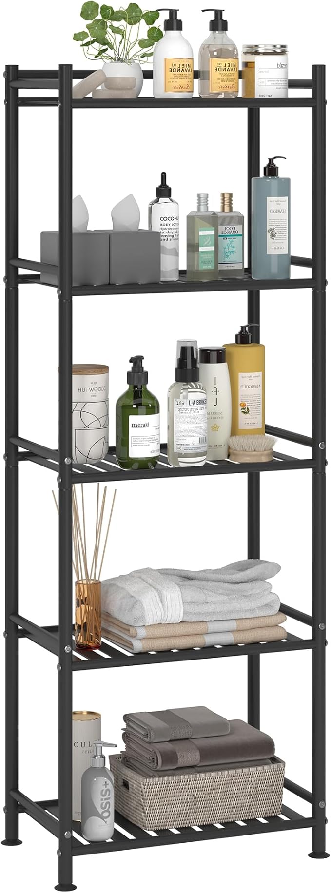 5 Tier Bathroom Storage Open Shelf Unit, Free-Standing Metal Corner Rack Shelving for Kitchen, Living Room, Hallway (Black, Wider 5 Tier)