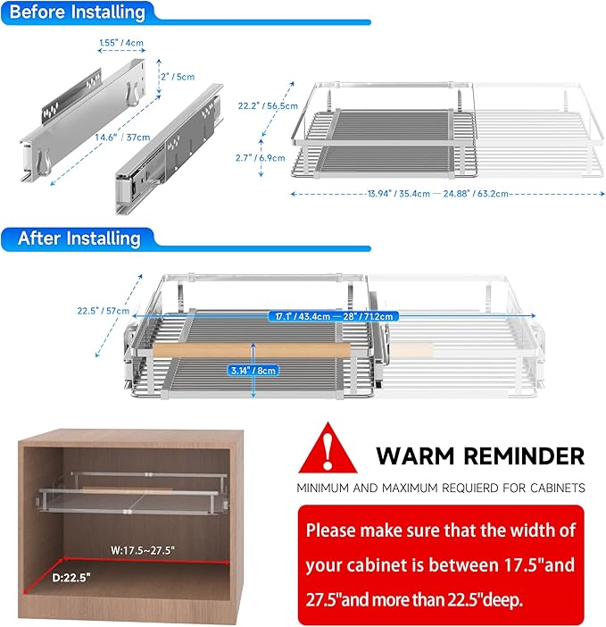 Pull Out Cabinet Organizer, 17.1~28"W x 22.5"D Expandable Pull Out Shelves for Kitchen Cabinets, Heavy Duty Metal Slide Out Pantry Shelves Sliding Shelf for Home Kitchen,Under Sink,Bathroom,Wardrobe