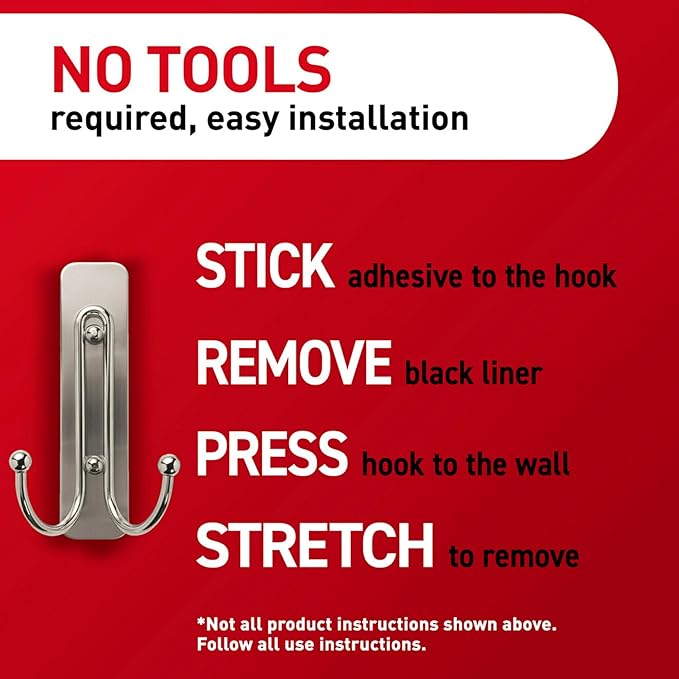 Command Large Brushed Nickel Double Hooks, 2 Hooks and 2 Strips, Damage Free Hanging Wall Hooks with Adhesive Strips, No Tools Coat Hooks for Hanging Home Decor, Holds up to 4 lb