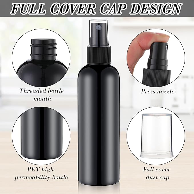 Kigley 100 Pcs Small Spray Bottle Bulk 4 oz Plastic Empty Mist Spray Bottles for Essential Oils Fine Mist Sprayer Reusable Refillable Portable Travel Containers for Perfume Cleaning Samples(Black)