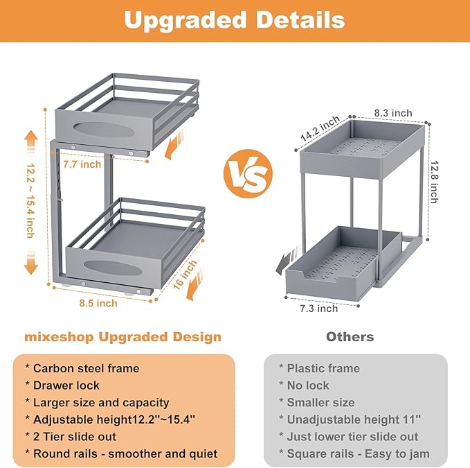 Under Sink Organizer, 2 Tier Under Sink Organizers and Storage, Adjustable Height, Slide out Metal Cabinet Organizers, Pull out Cabinet Storage Drawer Shelf for Kitchen Bathroom (Gray, 1Pack)