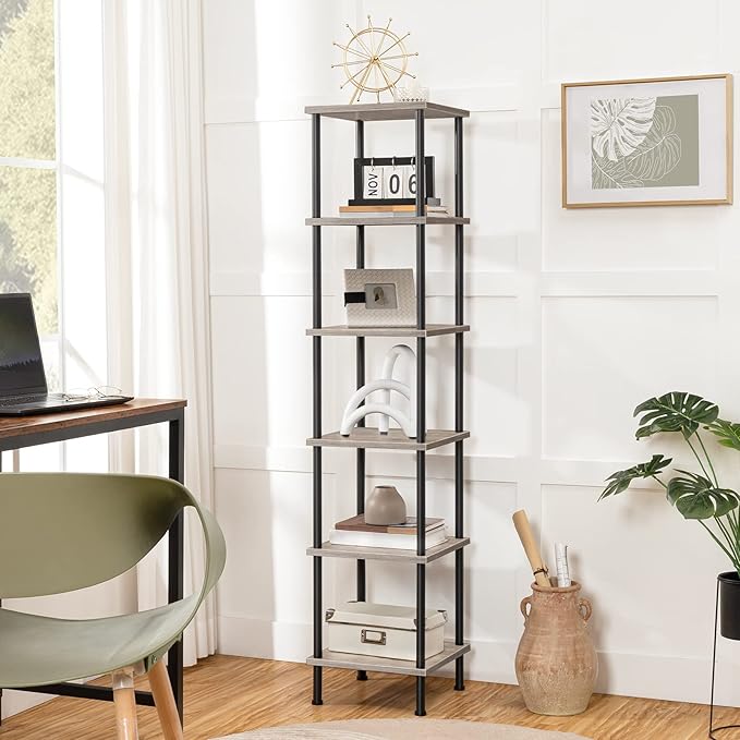 HOOBRO 6-Tier Corner Shelf, Corner Square Rack Display Shelf, Tall Storage Rack Plant Stand, Bookcase for Small Spaces, Living Room, Home Office, Kitchen, Greige and Black BG55CJ01