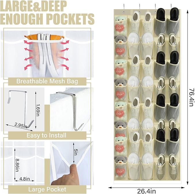 Windyun 40 Over the Door Shoe Organizer Large Breathable Mesh Pockets Hanging Shoe Rack for Closet Beige Behind Door Hanger Storage Holder Nonslip Hooks for Women Men Entryway Bedroom Utility Room