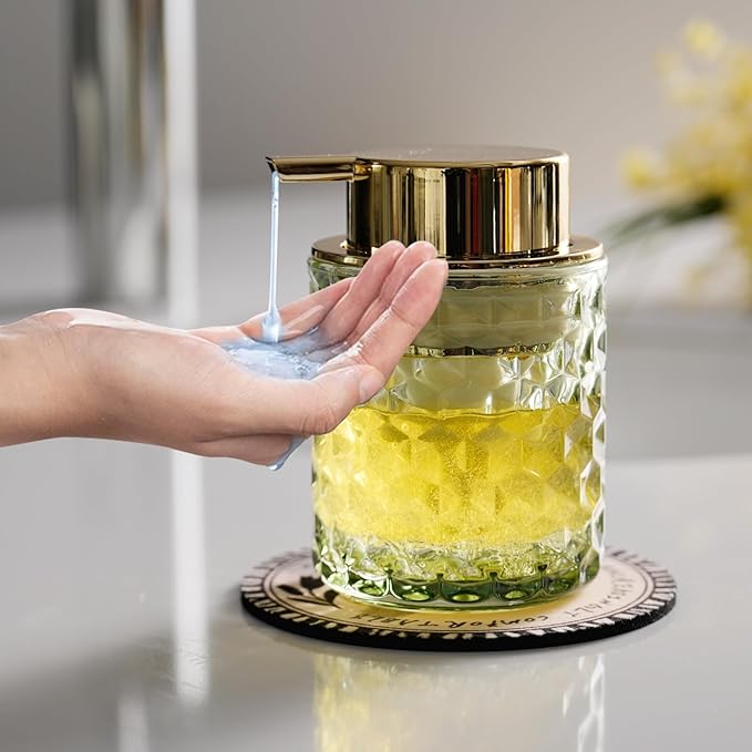 Hand Soap Dispenser Glass, Refillable Liquid Dispenser for Bathroom & Kitchen,Lotion Dispenser with Large Gold Pump（Diamond Pattern-Green）