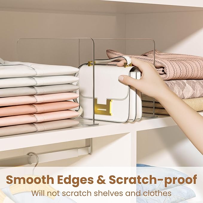 Purse Organizer for Closet Shelf Dividers: 4 Pack Acrylic Clear T-shaped Vertical Shelves Separators - Durable Space Saver Easy to Install - Bag Storage Organizer for Handbags, Clothes, Sweater, Towel