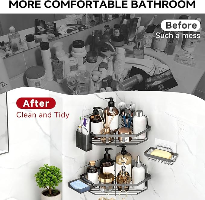 Corner Shower Caddy, 5-Pack Adhesive Shower Corner Organizer Shelves, No Drilling Stainless Steel Shower Storage Rack with Soap&Toothpaste Holder for Bathroom, Dorm and Kitchen (grey)