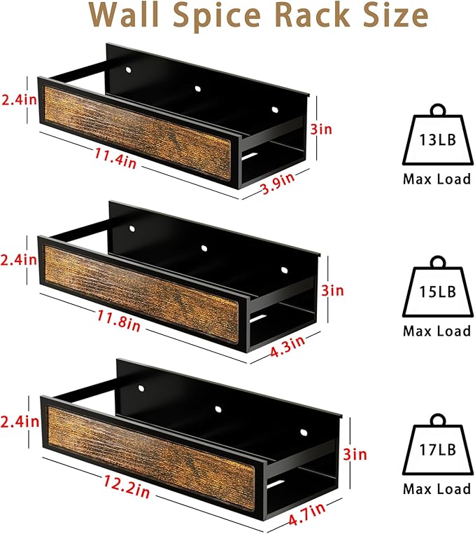 Spice Rack Wall Mount for Large Spice Jars, 6 Pack Ironwood Spice Organizer shelf for Rustic, Industrial and Modern Kitchens,Quick Adhesive Strips and Screws for Mounting (Engineered Wood)