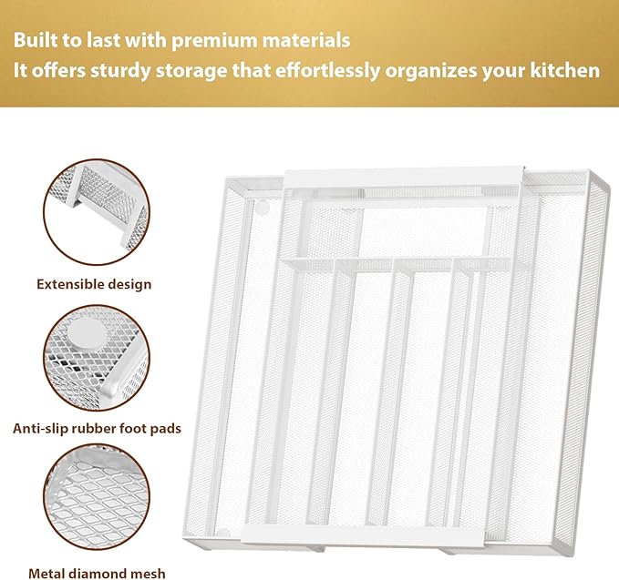 Silverware Organizer Metal Mesh, Drawer Organizer, Utensil Cutlery Tray for kitchen drawers,Expandable Flatware Organizer with 7 Compartment White 9.6"~16.1" x 13.8"