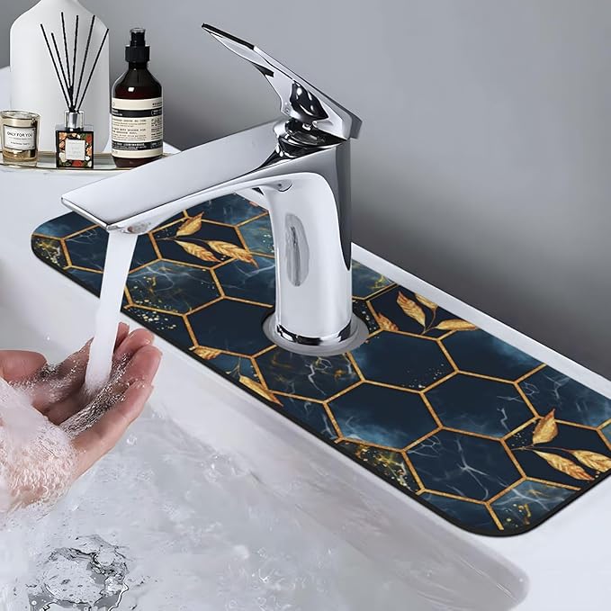 Faucet Draining Mat For Kitchen Sink, Black And Blue Honeycomb Marblenon Diatom Mud Absorbent Drain Pad For Bathroom Kitchen Sink Splash Guard Drying Mat