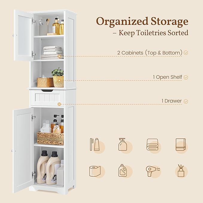 Yaheetech 67” Tall Bathroom Storage Cabinet,Narrow Floor Cabint with 2 Doors and 1 Drawer,Slim Bathroom Organizers,Adjustable Shelves,Storage Unit for Living Room, Entryway,Kitchen,White