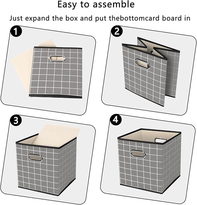 Black Foldable Storage Cubes Bins, Fabric Storage Box Cubes Organizer Baskets with Dual Handles for Home Organizer,Set of 6,(Grey grid)