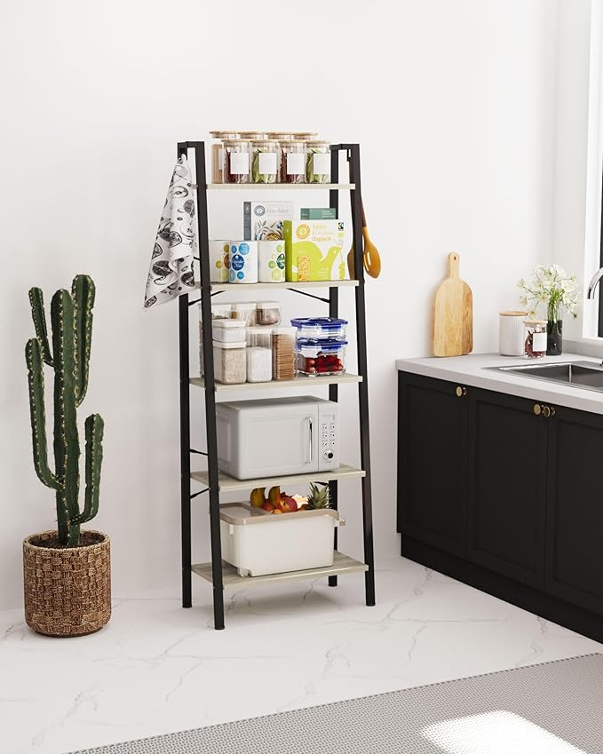 Ladder Shelf, Bookshelf Bookcase, Freestanding Corner Storage Shelve with 2 Hooks for Home Office, Living Room, Kitchen, Bedroom, Industrial, 11.8" D x 23.6" W x 63" H, Greige BC19305B