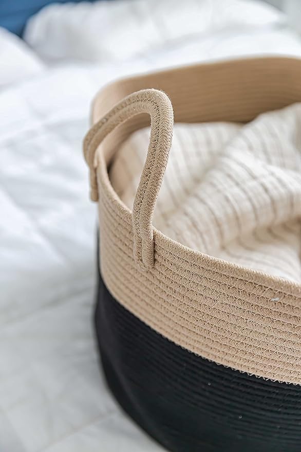 OrganiHaus Large Woven Storage Basket for Blankets and Toys 20" x 13" Inch, Rope Laundry Basket with Handles, Cushions & Pillows Storage Bin, Nursery Hamper, Soft Round Dog Toy Bin - Black/Honey