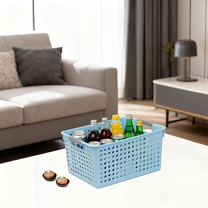 Soddeph 4 Pack Plastic Deep Storage Basket with Handles, Cubbies Organizer Bins with Hollow Design for Under Counter, Closet, Kitchen or Bathroom 12.3" × 8.7" × 6.9" (Blue, Medium)