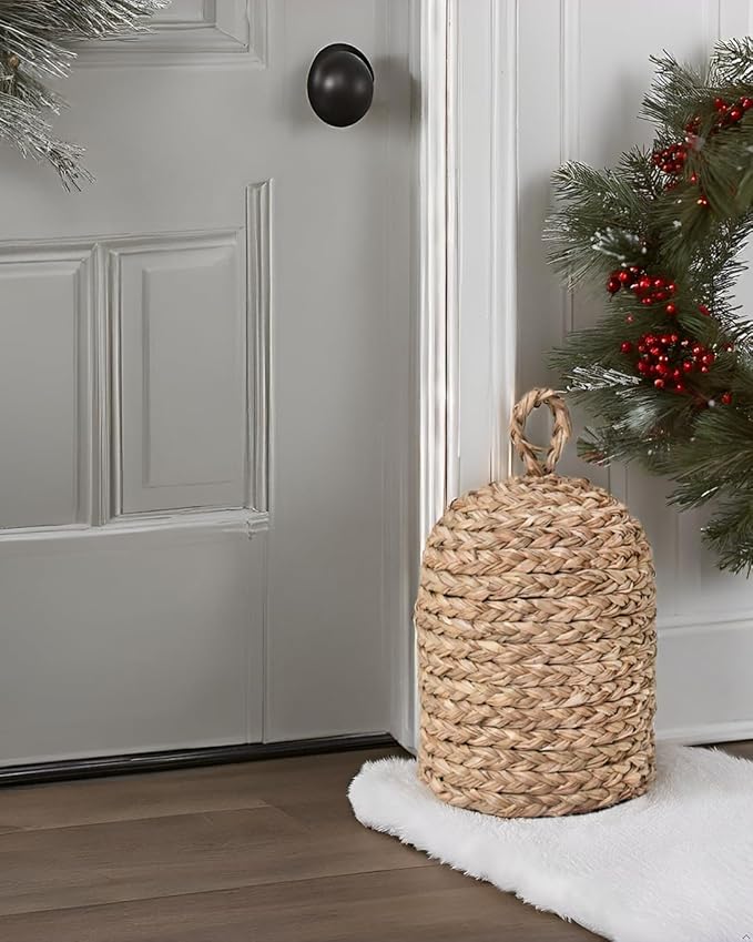 PEMAR Natural Wicker Door Stopper with Handle, Decorative Door Stop, Heavy Indoor Doorstop, Rustic Farmhouse Blocker Jammer 5.1''D x 7.5''H (Seagrass)