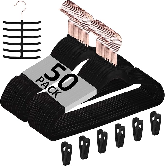 VECELO Premium Velvet Clothes Hangers Suit Heavy Duty (50 Pack)-Non Slip & Space-Saving with 6 Finger Clips & Tie Rack Excellent for Men and Women,Dark Black