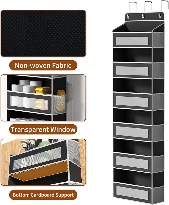 Over The Door Organizer with 6 Large Pockets, Over the Door Storage 12 Side Pockets, Hanging Door Organzier 44 lb Load Behind Door Storage Hanging Shelf for Closet Wall Bathroom Nursery, 6-Tier Black