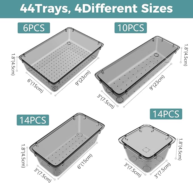 WOWBOX 44 PCS Clear Plastic Drawer Organizer Set, 4 Varied Size storage Bins and Desk Drawer Organizer Trays for Makeup, Gadgets, Jewelry and Utensils in Bathroom, Bedroom and Office, Clear Black