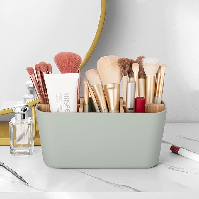 Toothbrush Holders for Bathrooms, Bamboo Tooth Brush Holder with 5 Slots Bathroom Vanity Organizer Countertop for Electric Toothbrushes, Toothpaste, Razors - Green