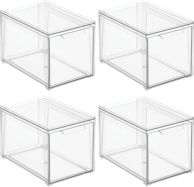 mDesign Plastic Stackable Closet Storage Organizer Bins with Pull Out Drawer for Cabinet, Desk, Shelf, Cupboard, or Dresser Organization - Lumiere Collection - 4 Pack - Clear