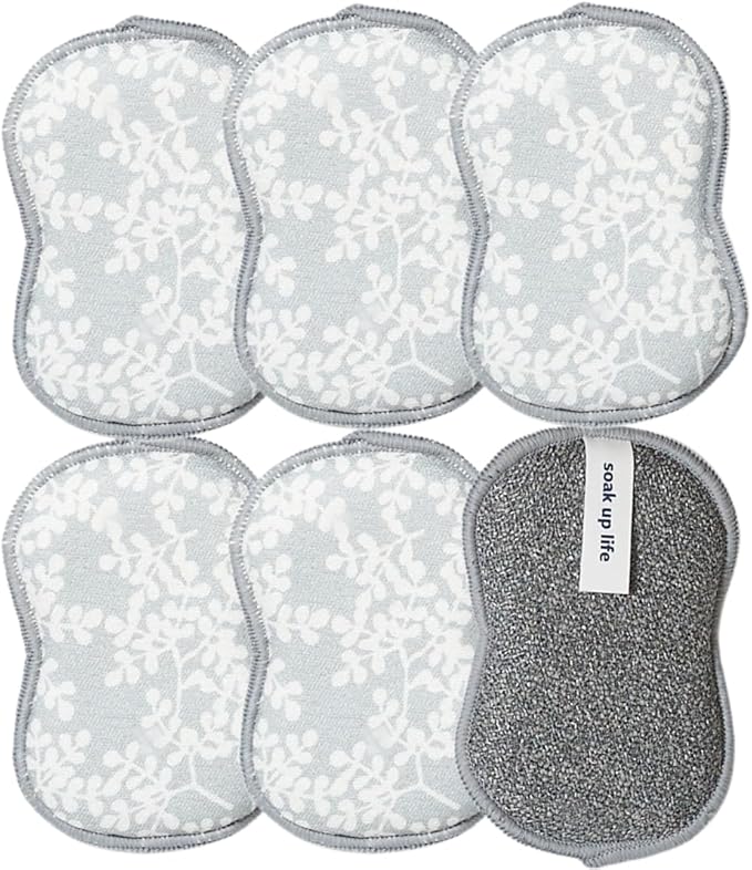 Sponge Set in Laurel Grey, 6 Pack Super Absorbent Washable Reusable Cleaning Sponges Made from Recycled Materials, Durable Eco Friendly Kitchen Sponges