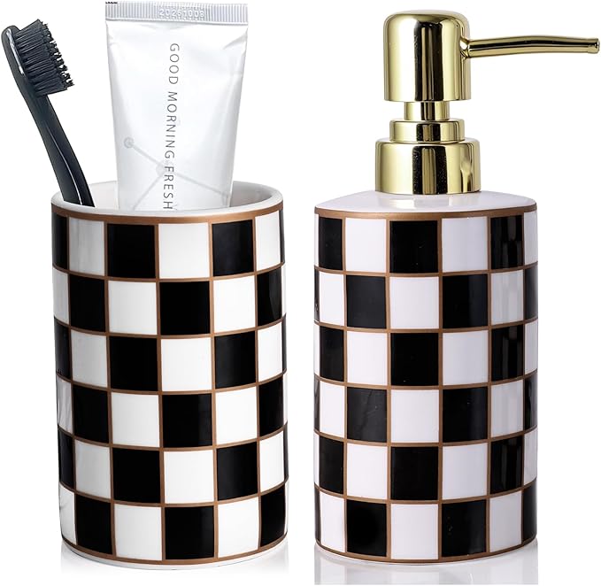 Bathroom Toothbrush Holder Set, Ceramic Checkered Soap Dispenser and Tooth Brush Holder Set, Modern Bathroom Accessories Sets Countertop, Black and White Checkered Bathroom Decor Set (Black)