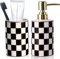 Bathroom Toothbrush Holder Set, Ceramic Checkered Soap Dispenser and Tooth Brush Holder Set, Modern Bathroom Accessories Sets Countertop, Black and White Checkered Bathroom Decor Set (Black)