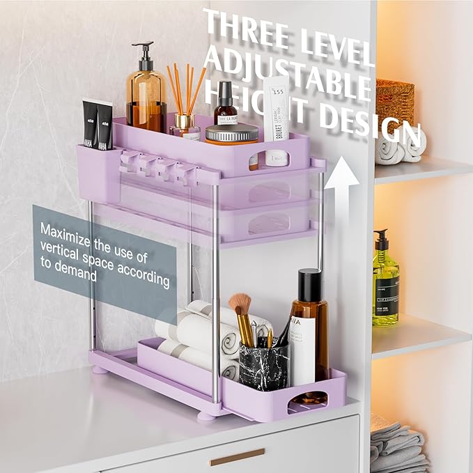 VERIFOST Under Sink Organizer - 2 Pack Adjustable Height, 2 Tier Organizers for Bathroom & Kitchen Sink, Purple