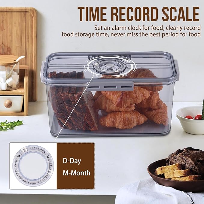 Bread Box Bread Boxes for Kitchen Counter Airtight, Time Recording Bread Storage Container with Lid, Bread Keeper for Homemade Bread, Toast, Bagel, Donut and Cookies, LARGE Grey