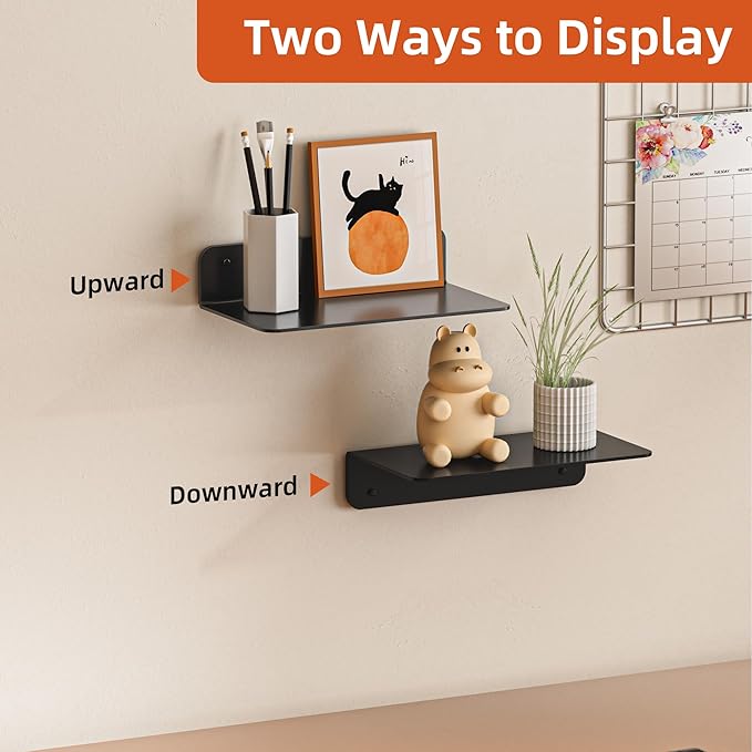 Wisfame Small Adhesive Wall Shelves, 9" Metal Floating Shelf with Cable Hole, Display Ledge for Photo Frame, Figurine, Small Craft, Electronics, (Black, 2 Pack)