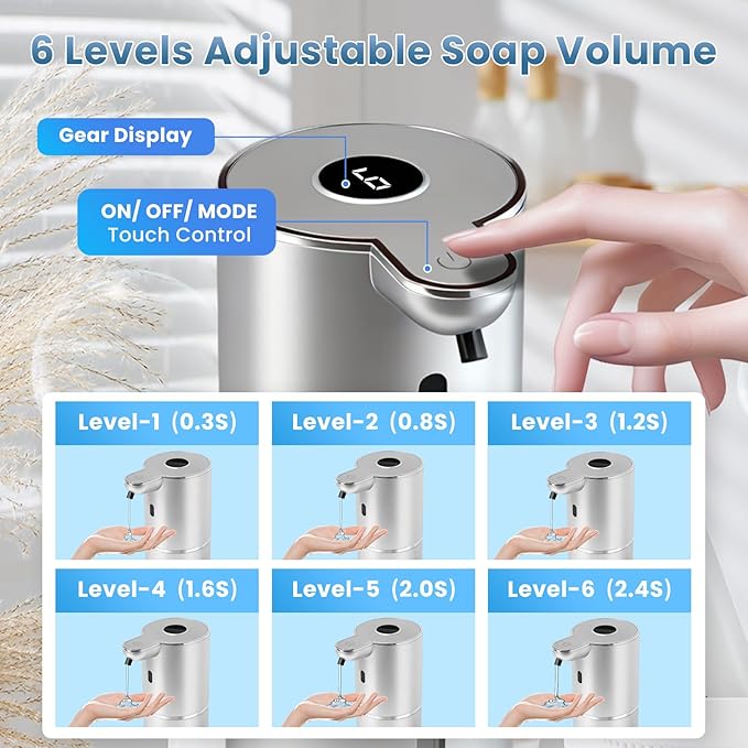 Automatic Soap Dispenser, Touchless Liquid Soap Dispensers, USB Rechargeable, 6-Level Adjustable Volume Control, 12.8oz/380ml, Wall Mount for Kitchen, Bathroom, Free Liquid Dispenser Stickers (Silver)