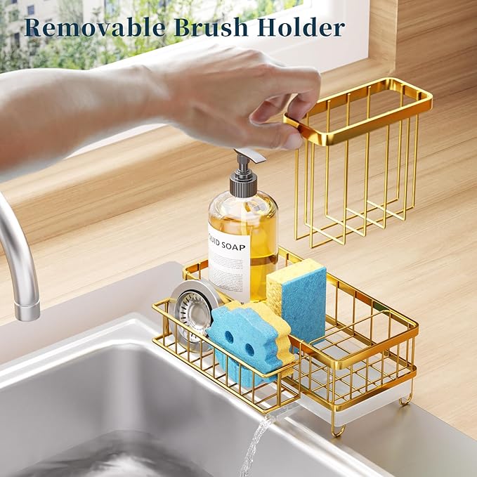 Consuemst Sponge Holder for Kitchen Sink - Auto Draining Sink Caddy Organizer with Detachable Rack, High Brush Holder, Kitchen Countertop Storage Accessories, Gold