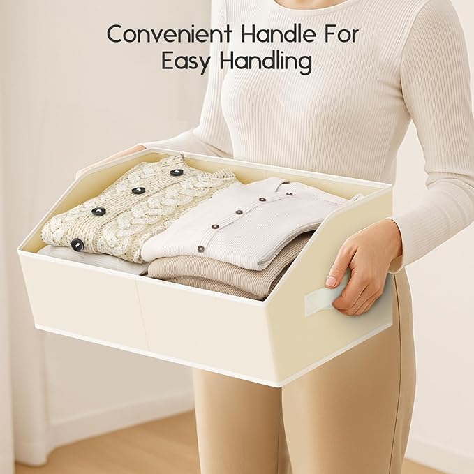 Large Closet Organizers and Storage Bins - 4 Pack Trapezoid Storage Baskets for Shelves, Foldable Fabric Baskets with Handles Ideal for Closet, Basket, Wardrobe and Shelf Storage, Beige