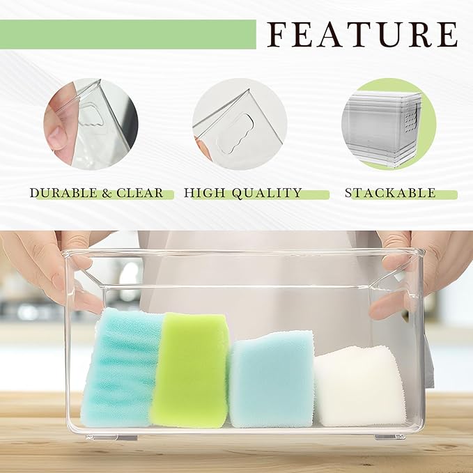 6 Pack Clear Plastic Storage Bins with Handles, Stackable Pantry Fridge Cabinet Under Sink Organizers and Storage, Multi-use Large Home Kitchen Bathroom Organization for Shelf Closet Drawer