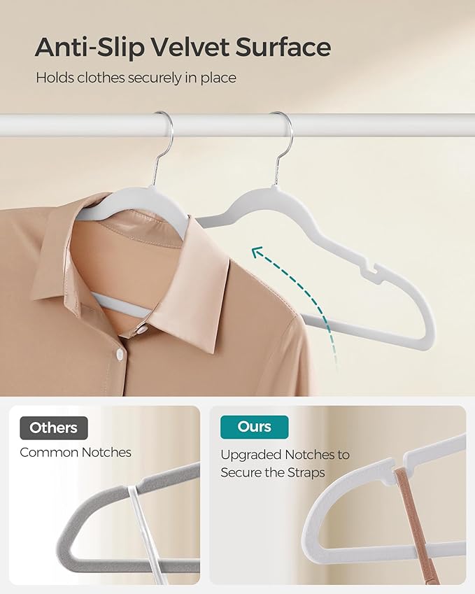 SONGMICS Velvet Hangers 50 Pack, Non-Slip Clothes Hangers with Shoulder Notches, Pants Bar, 360° Swivel Hook, Space-Saving, for Closet, Cloud White UCRF029W05