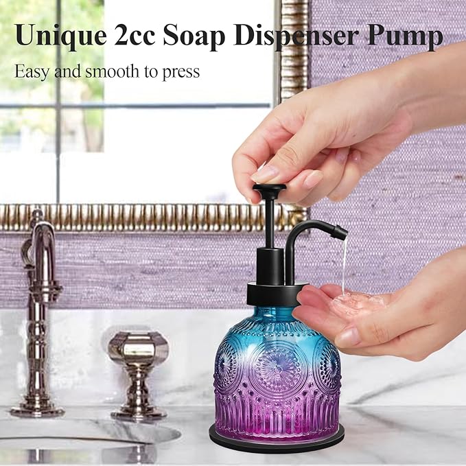 SheeChung Vintage Soap Dispenser, Kitchen Dish Soap Dispensers with Pump Mat, Glass Hand Soap Dispenser for Bathroom, Liquid, Lotion, Refillable, Rustic Farmhouse Decor-Purple Blue (Black Pump, 2 pk)