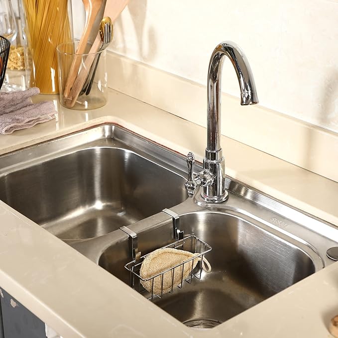 2 Pieces Sponge Holder Kitchen Sink Caddy Metal Sink Organizer Basket for Scrubber Soap Towel Brush Dishwashing Liquid Drainer Rack in Kitchen Bathroom Bathtub, Silver