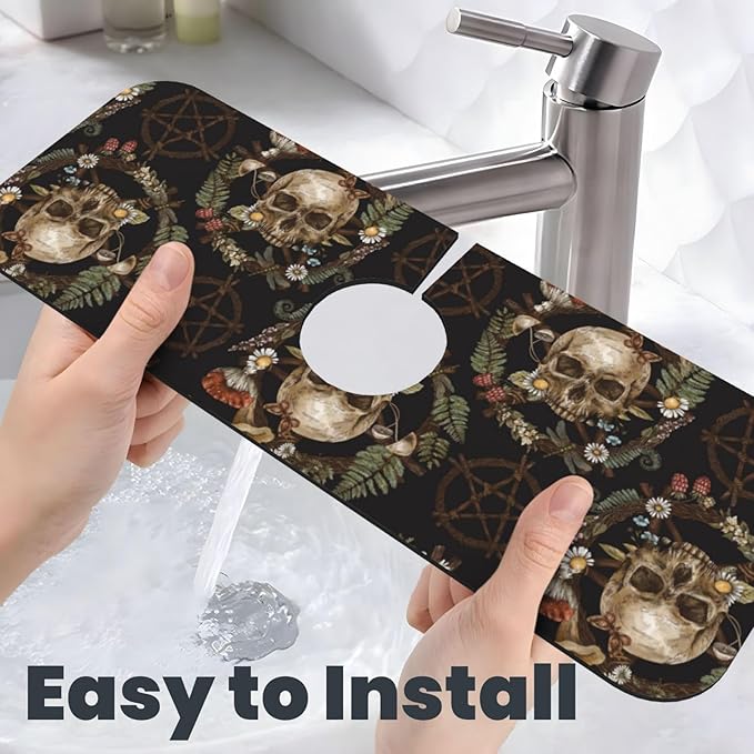 Wiccan Wicca Skull Mushroom Mushrooms Witchcraft Kitchen Sink Splash Guard Faucet Mat Super Absorbent Fast Drying Mat Sink Gadgets-Fast Drying Pad Sink Mat For Kitchen Bathroom (15" X 5.5" )